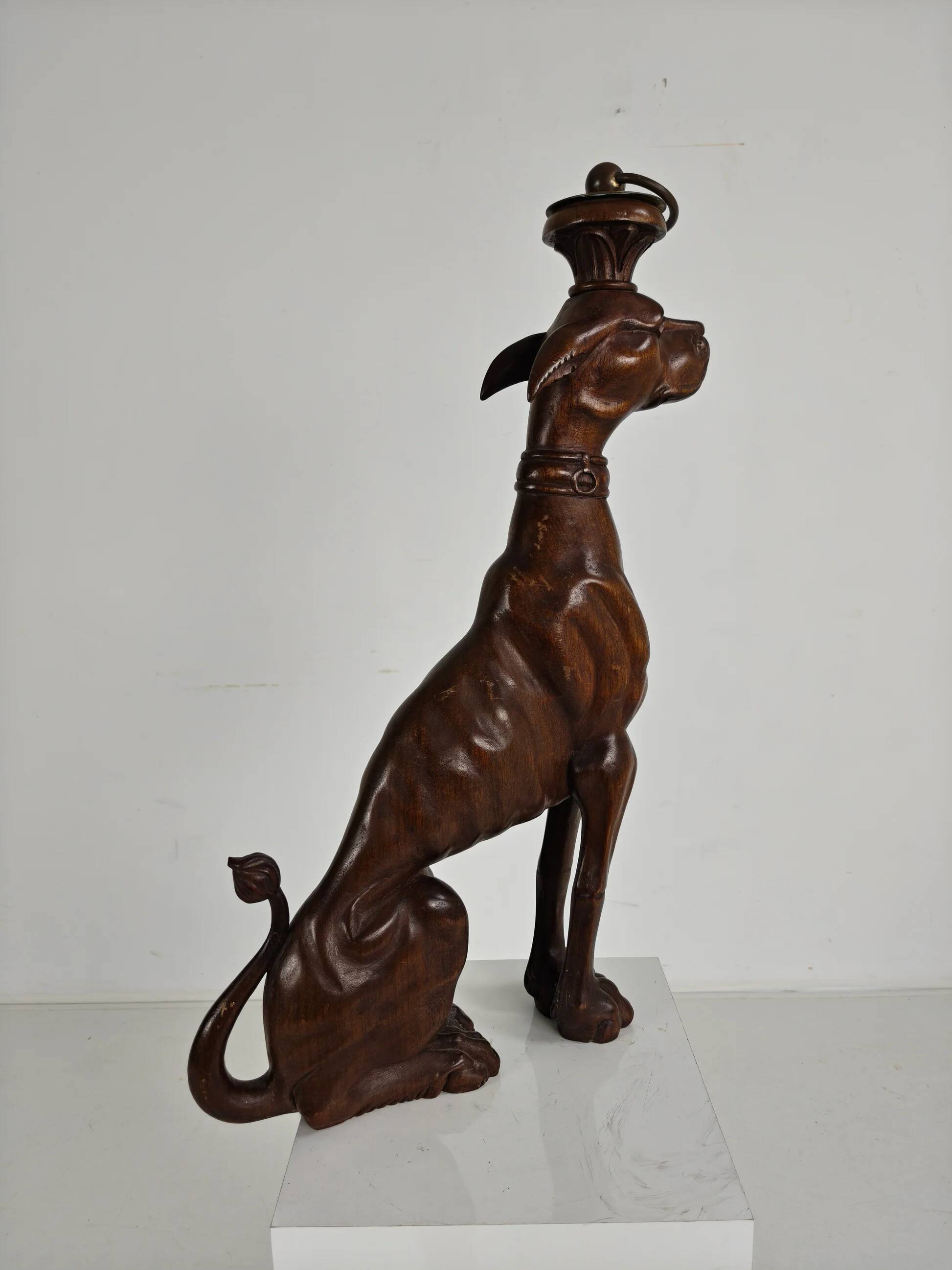 Hand-carved wooden greyhound statue - 20th century