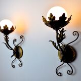 Pair of floral wall lamps by Ferro Arte, Gold leaf and opaline, Spain, 1960