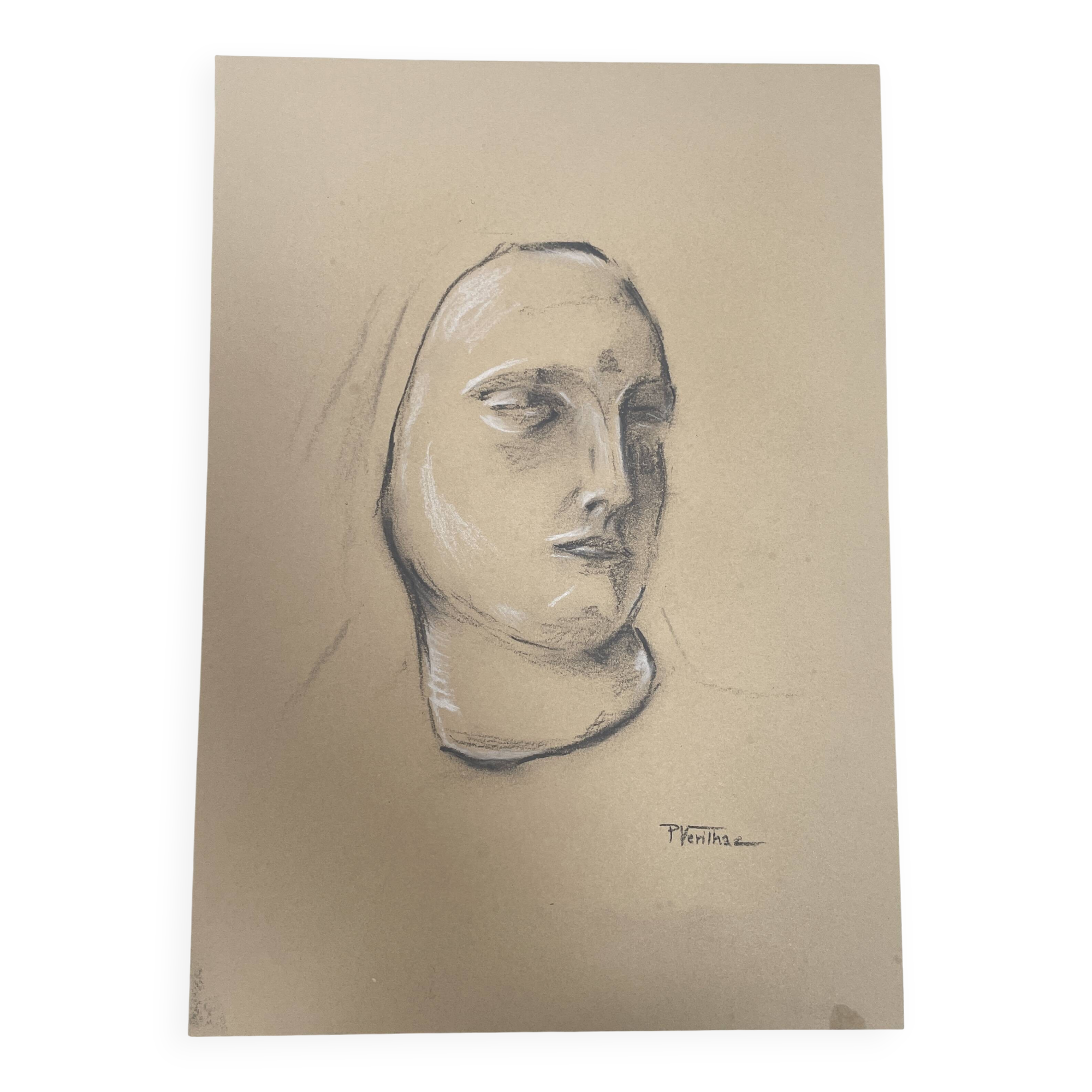 Signed drawing, charcoal study of a woman's face for workshop plaster.