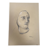 Signed drawing, charcoal study of a woman's face for workshop plaster.
