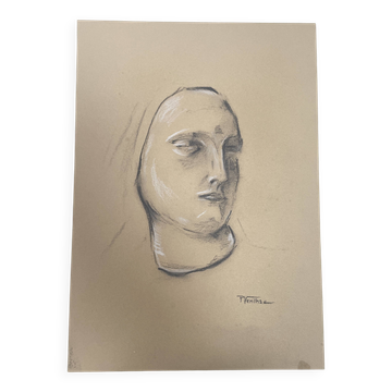 Signed drawing, charcoal study of a woman's face for workshop plaster.