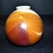 Vintage ball vase in flamed stoneware 1960 - caramel color with blue flow - signed DS
