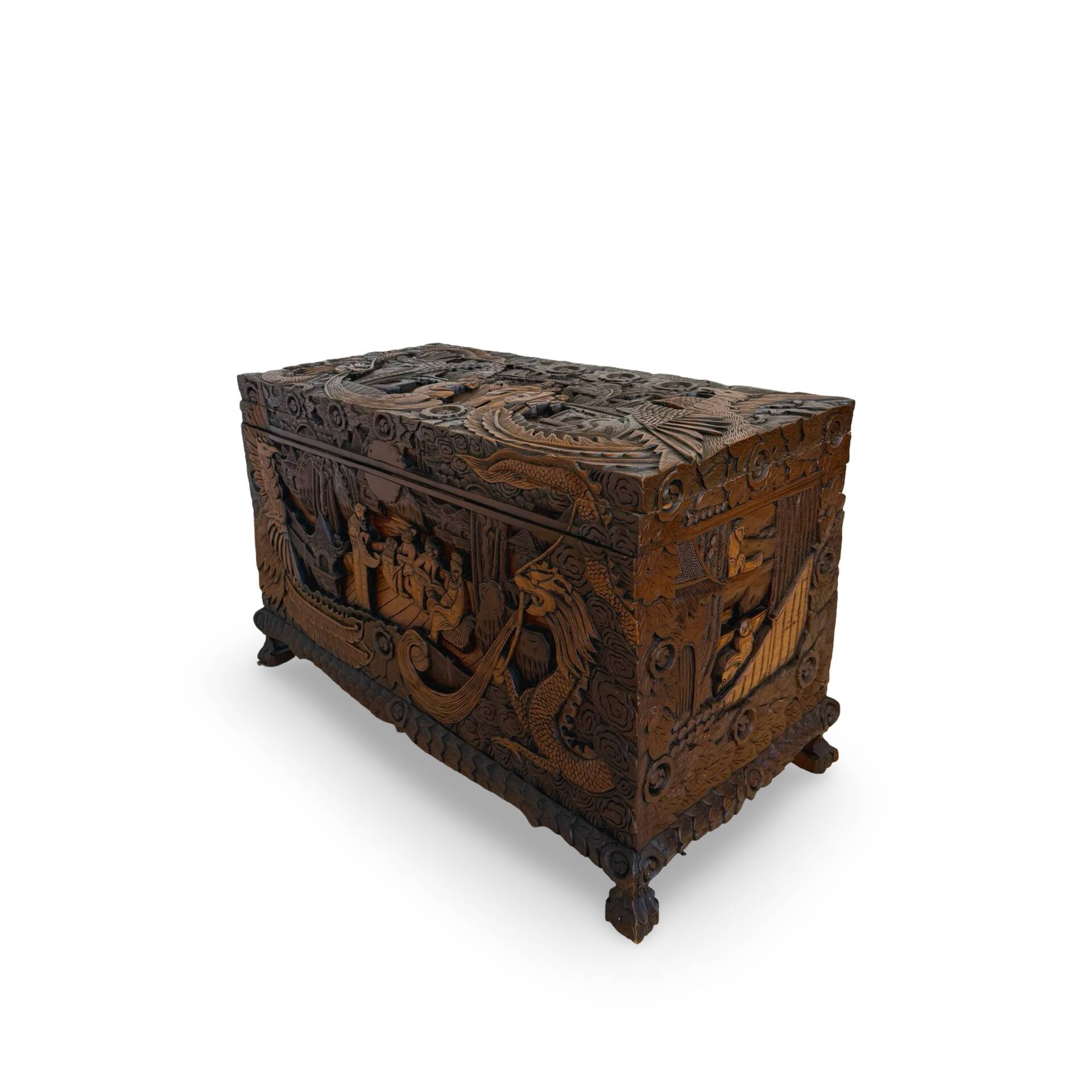 Antique Chinese Carved Export Chest – Dragon, Phoenix & Landscape Deco