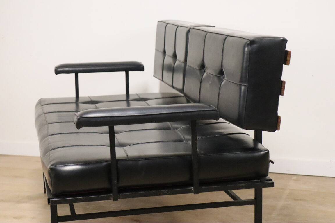 Vintage "Daybed" sofa bench in metal and imitation leather, 1950