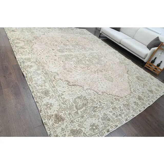 1970s Vintage Persian Handmade Wool Cotton Beige Area Rug 287x367