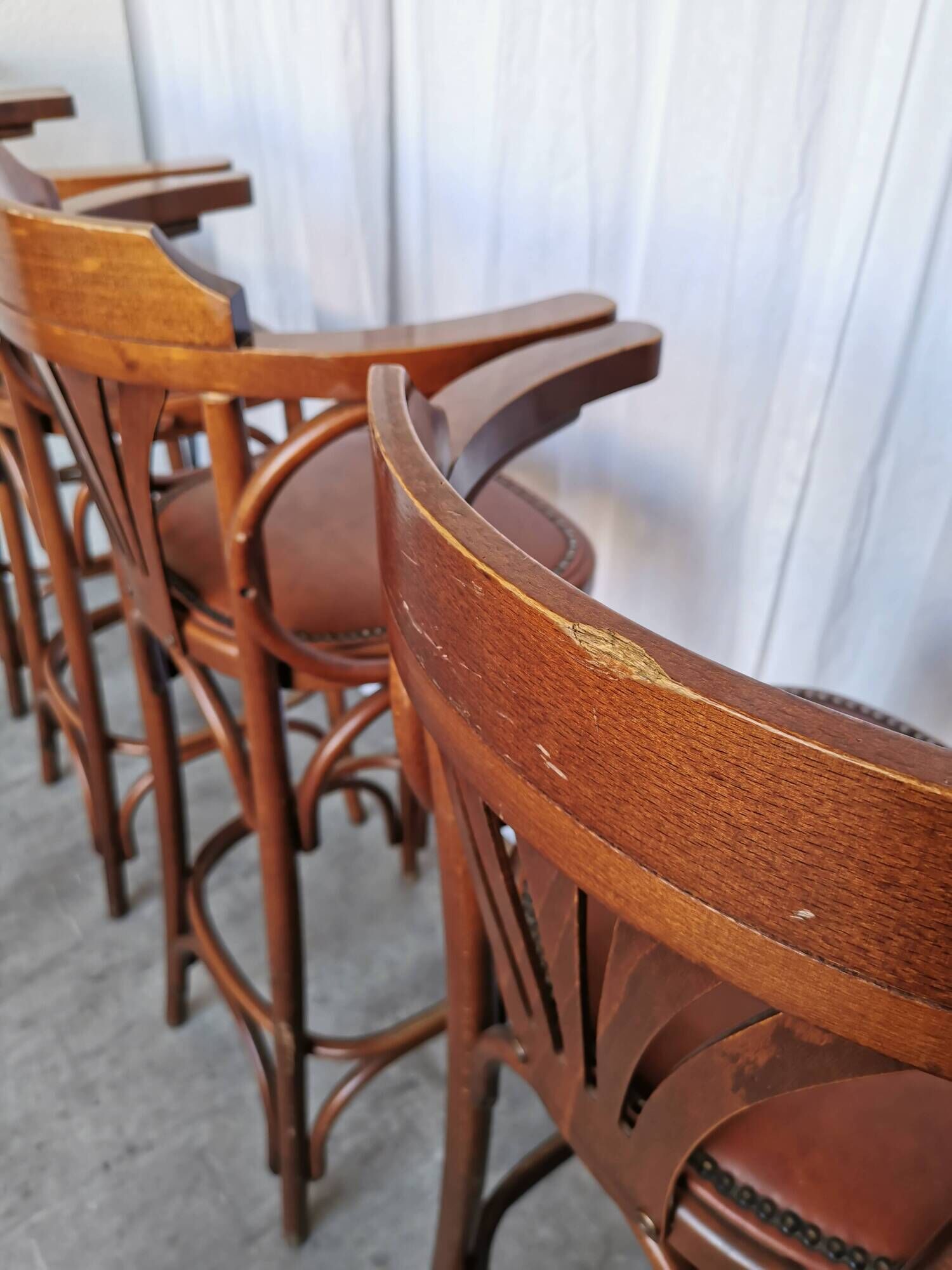 Set of 6 Vintage Bentwood Bar Stool Set: Brown Leather Seat, Nailhead Trim