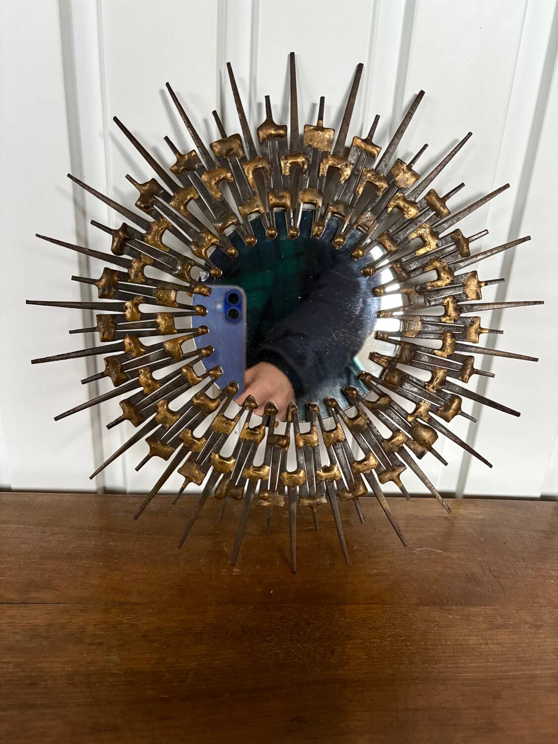 Brutalist round wrought iron mirror from the 60s/70s