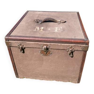 Ancienne malle de voyage, caisse de transport en bois et cuir 1900