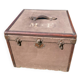 Antique travel trunk, wooden and leather transport case, 1900
