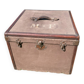 Ancienne malle de voyage, caisse de transport en bois et cuir 1900