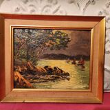 Mediterranean landscape painting by the sea and boats, framed, signed