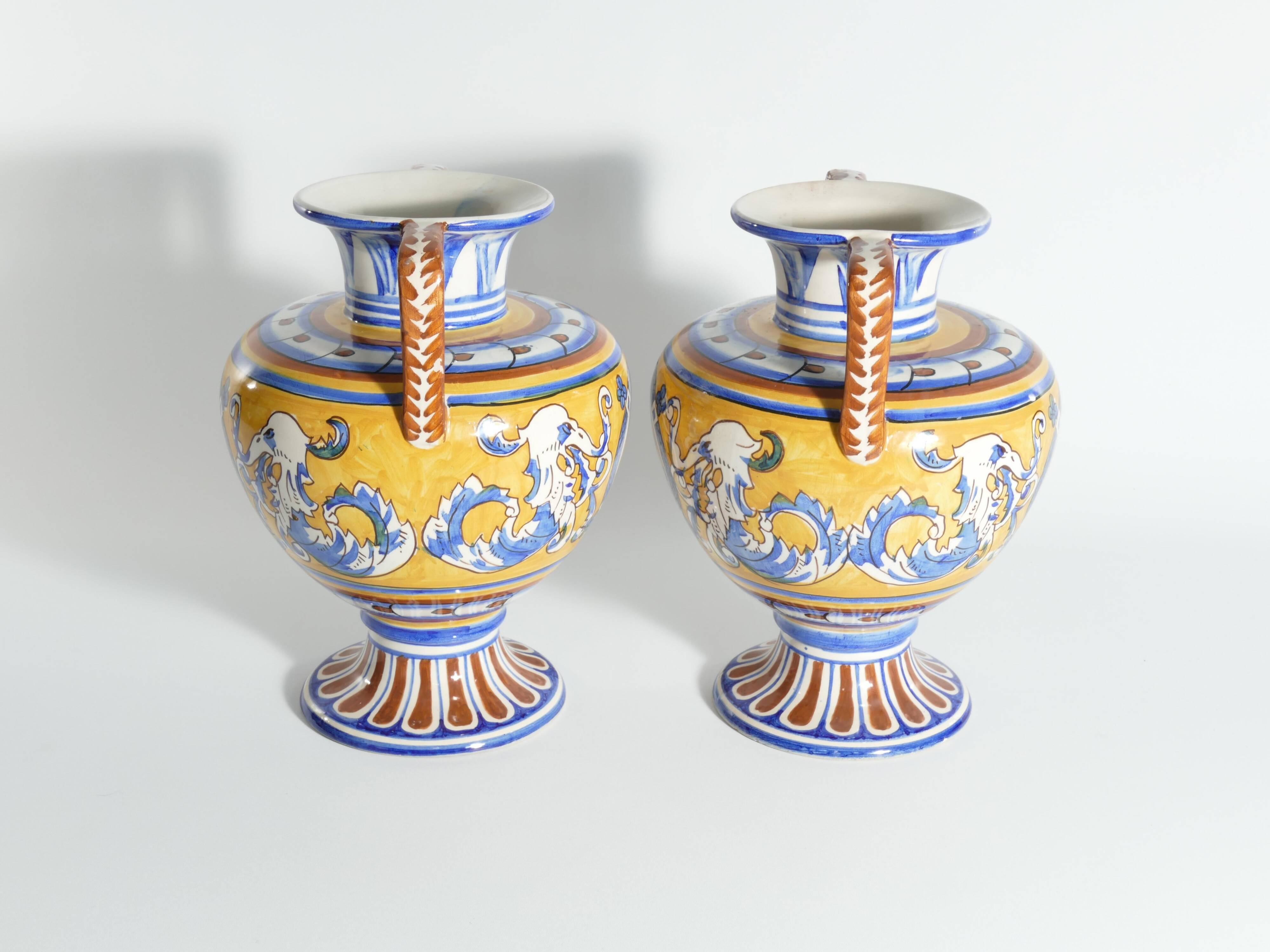 Large Hand-Painted Ceramic Double Handled Vases,  France, Set of 2
