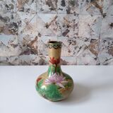 Enamelled brass vase cloisonné Chinese style floral pattern beige red green purple