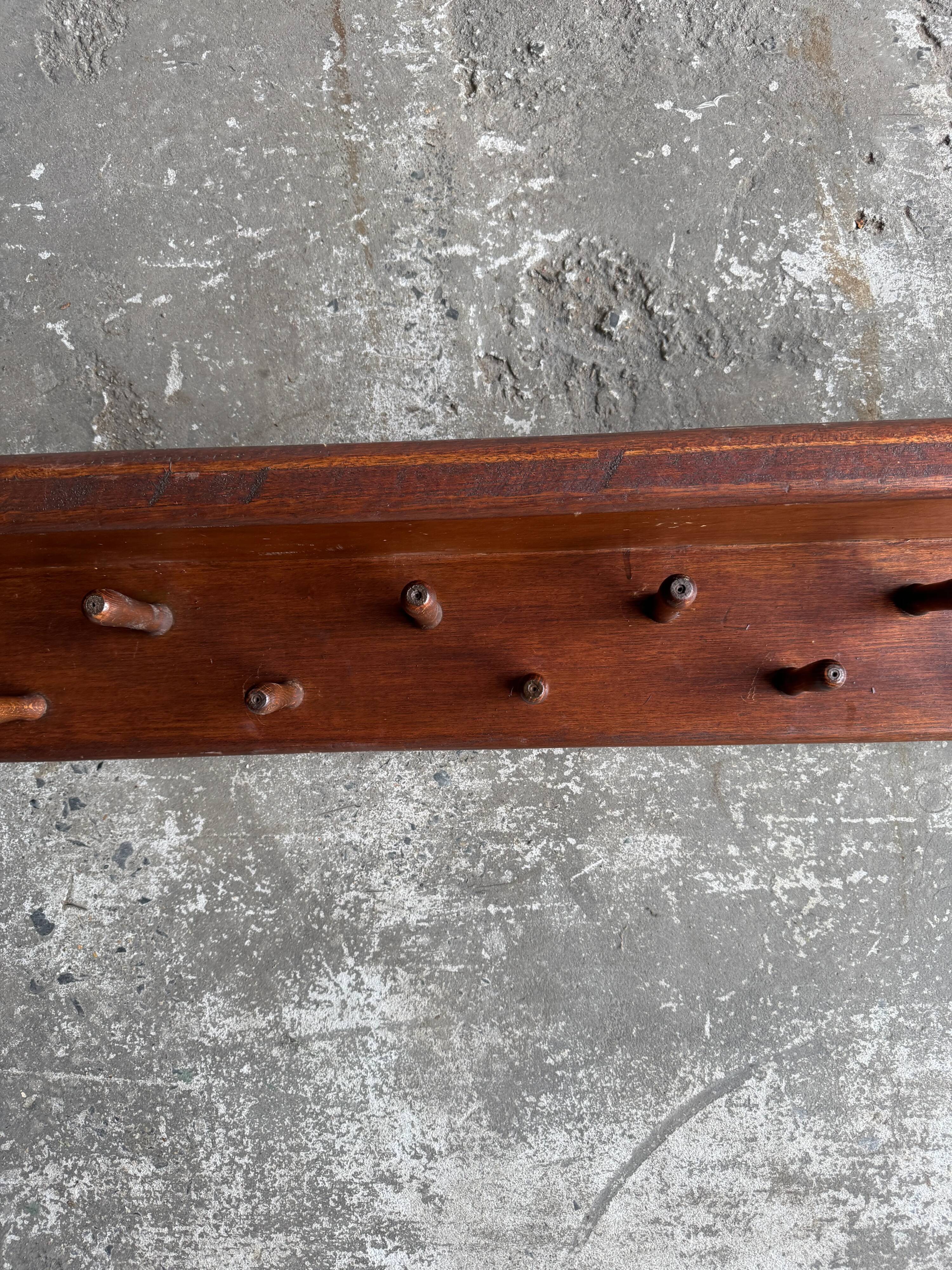 Extra-Long Solid Wood Wall Coat Rack, Walnut Brown, 20 Pegs — Mid-Century Vintage