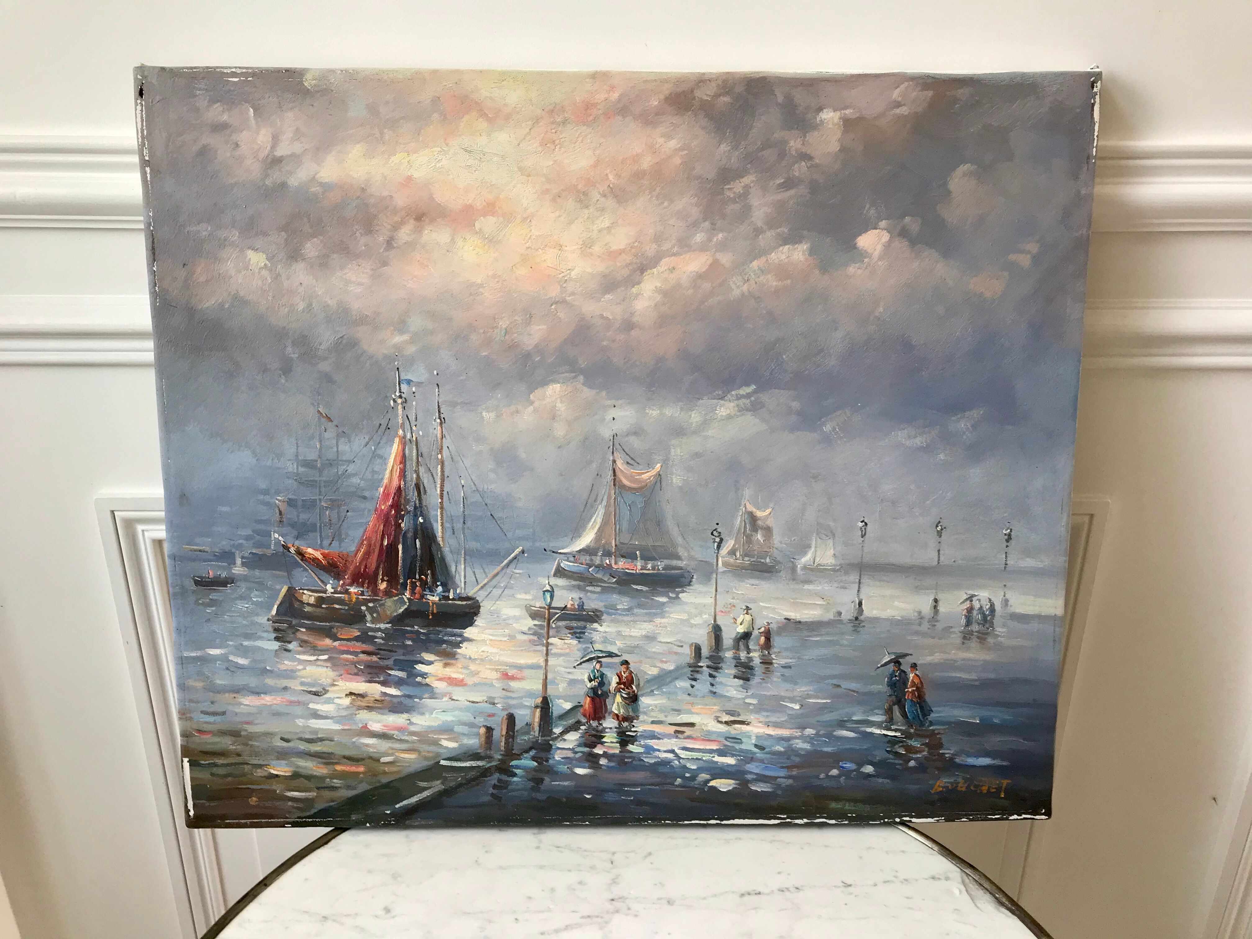 Painting seascape sailboats signed vintage