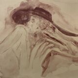 Signed painting monochrome watercolor caput mortum female portrait "Belle époque"