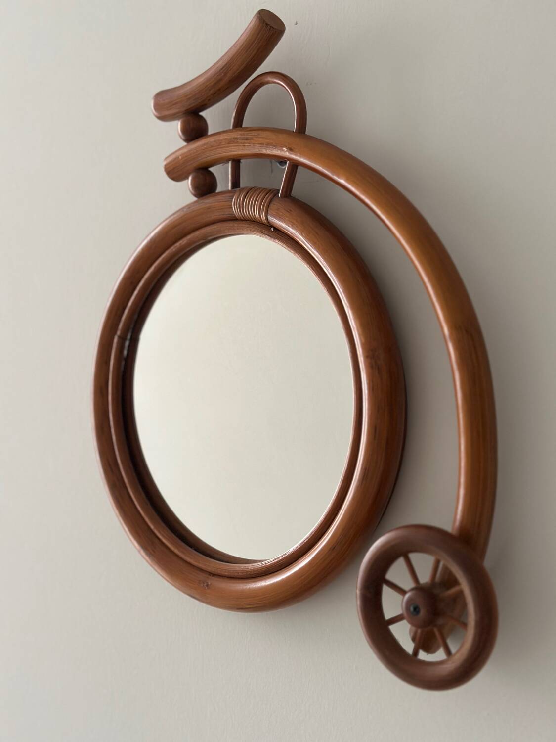 Rare wall mirror bicycle made of bamboo and rattan from the 1960s.