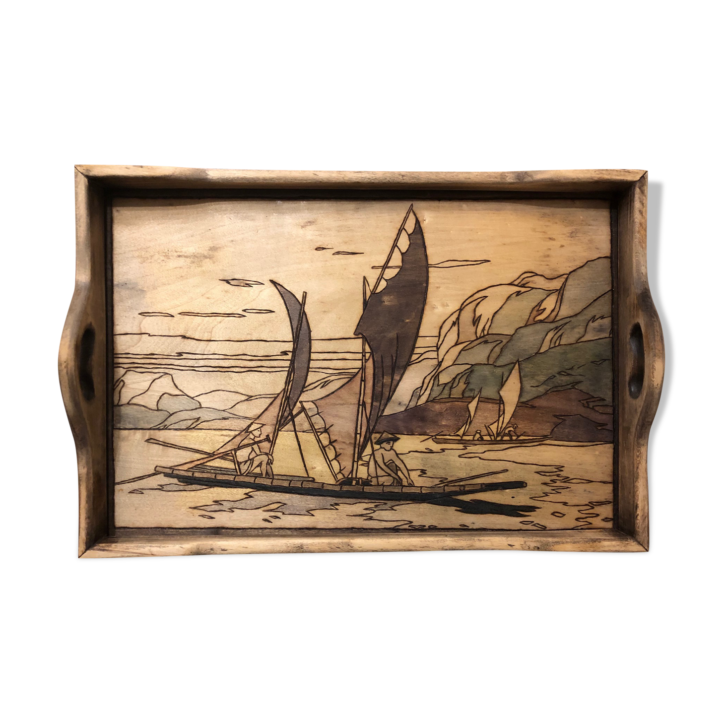 Pyrograved wooden platter - Asian decor