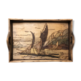 Pyrograved wooden platter - Asian decor