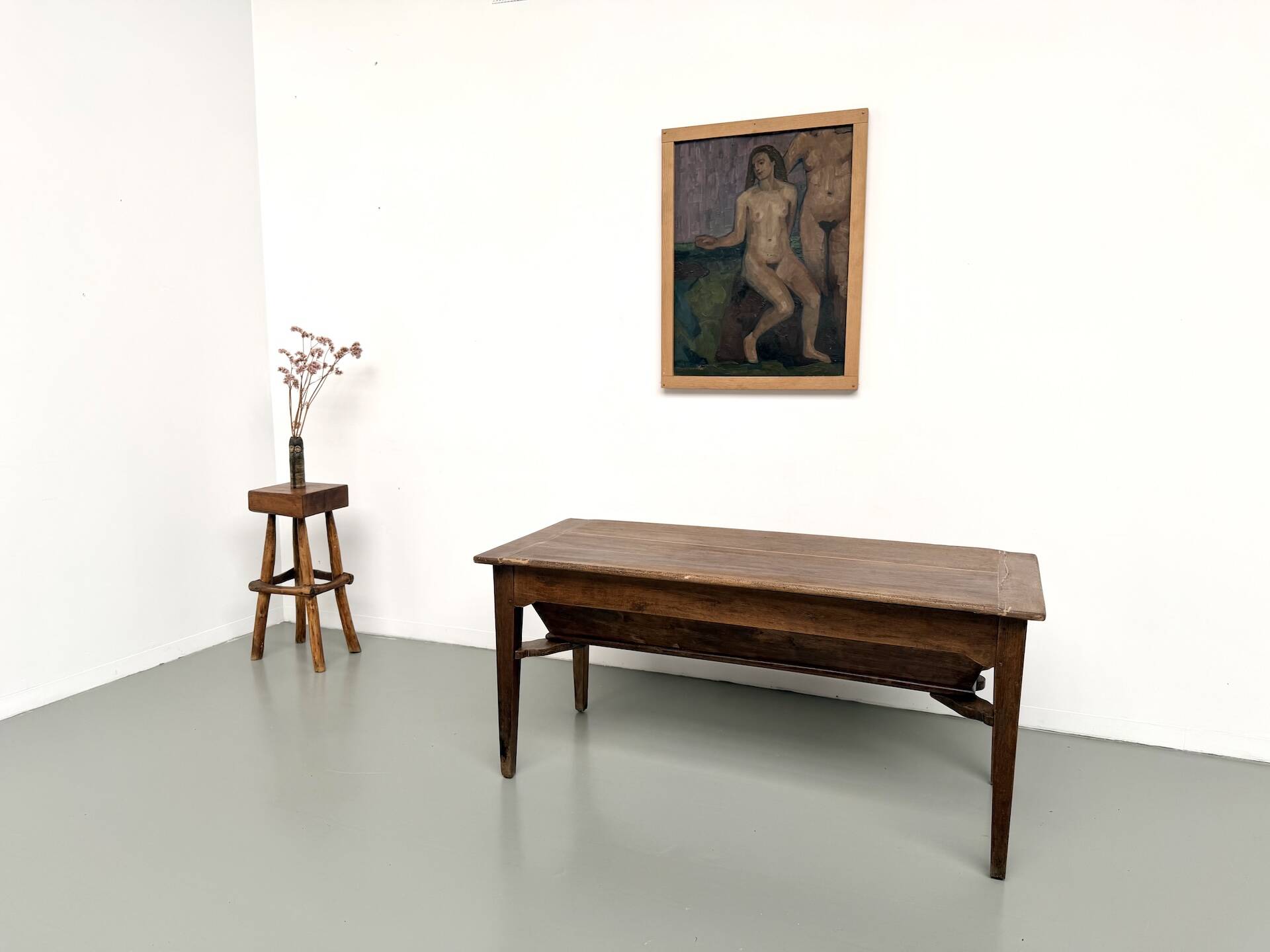 Farm table, old solid oak dough trough, France, around 1920.