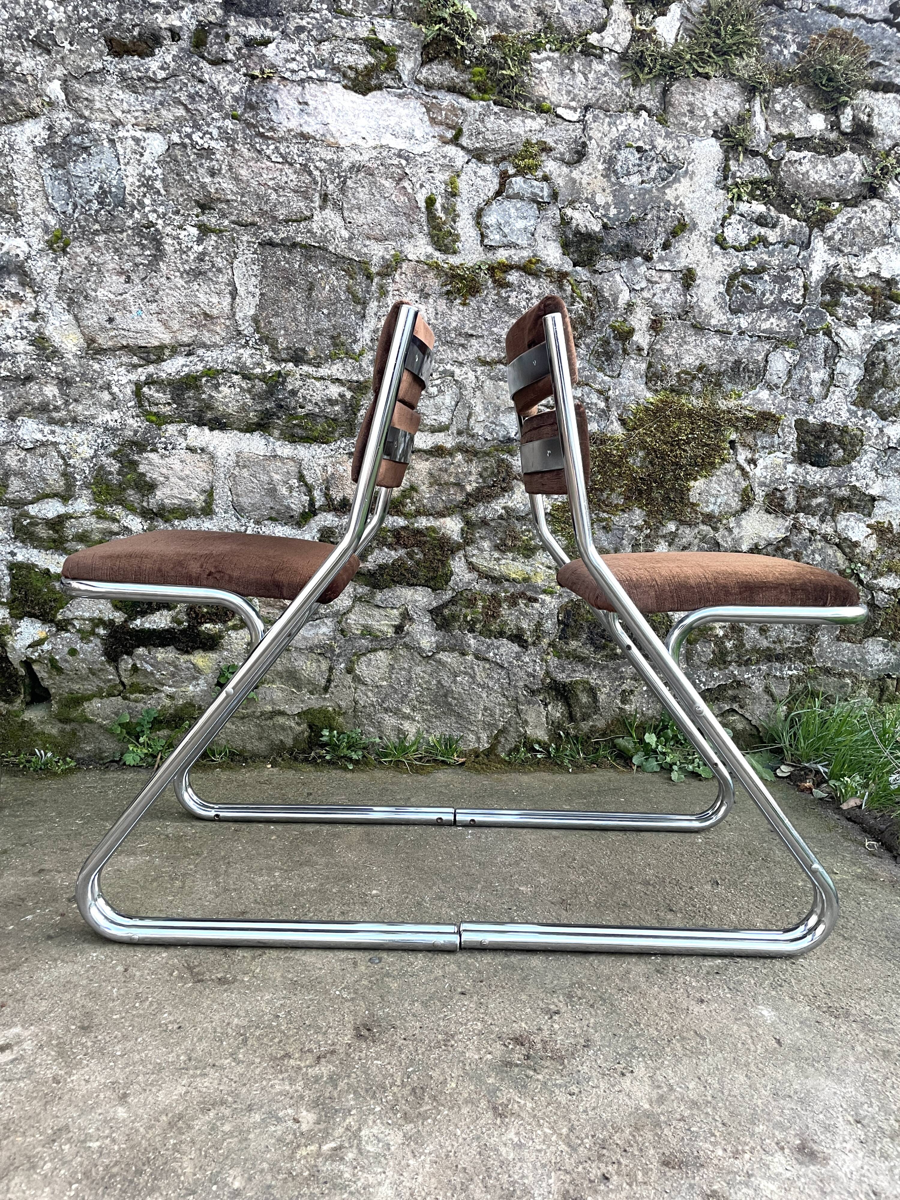 Set of 4 brown velvet zigzag chairs 1970