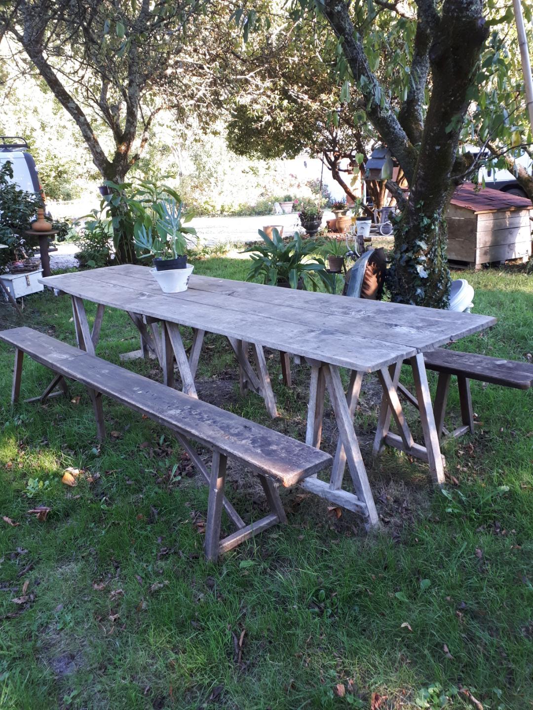 Vintage Guinguette table set with 2 benches