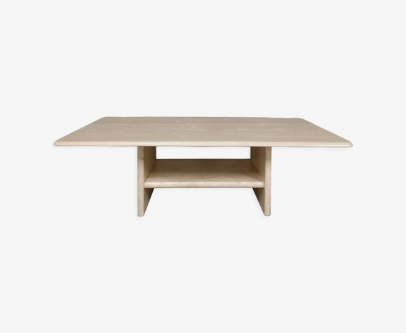 Table basse vintage en travertin avec porte-revues années 80