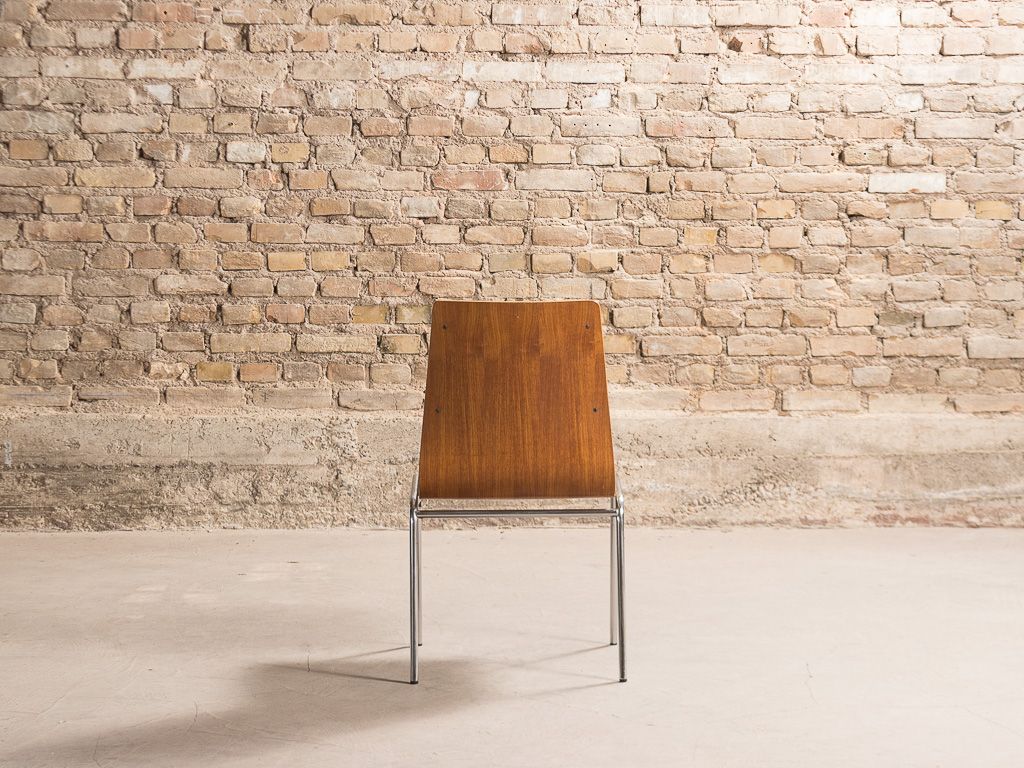 Set of 4 vintage chairs with a chrome steel base, teak backrest and seat
