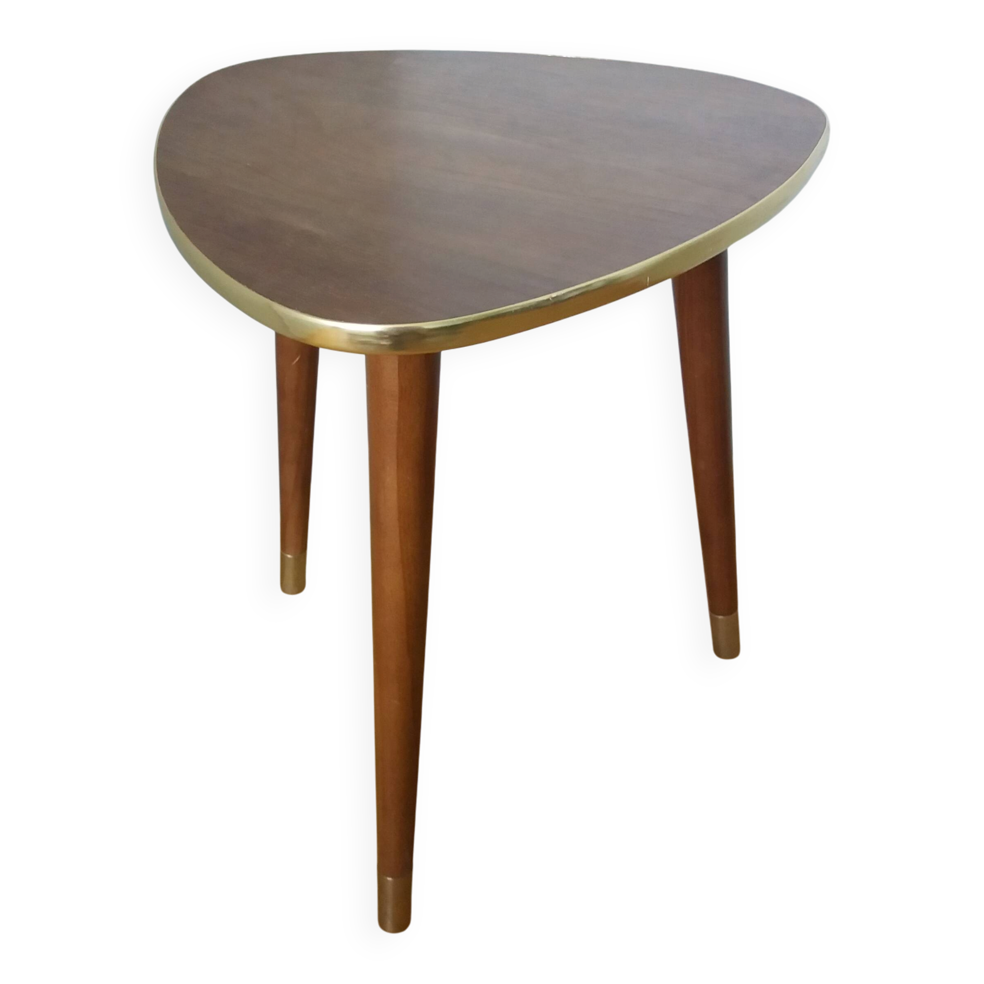 Table basse bout de canapé tripode forme médiator pieds fuselés compas