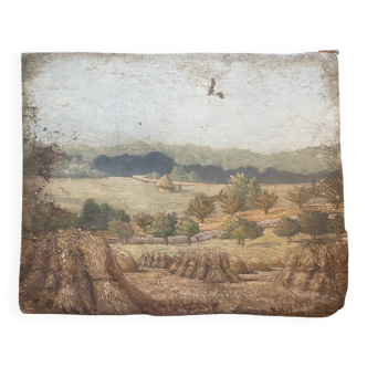 Tableau paysage de moisson XXe