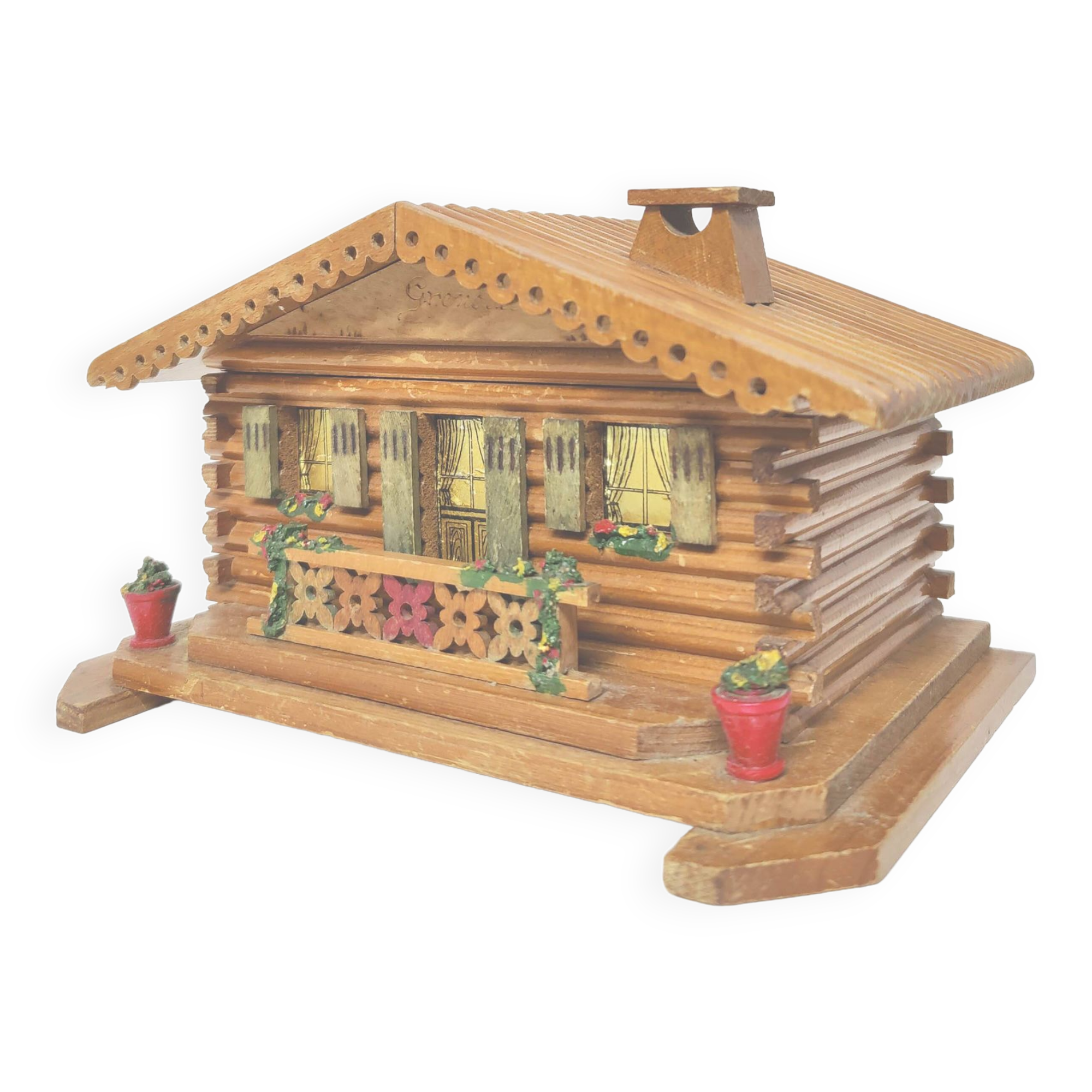 Wooden chalet box, jewelry box, pencils