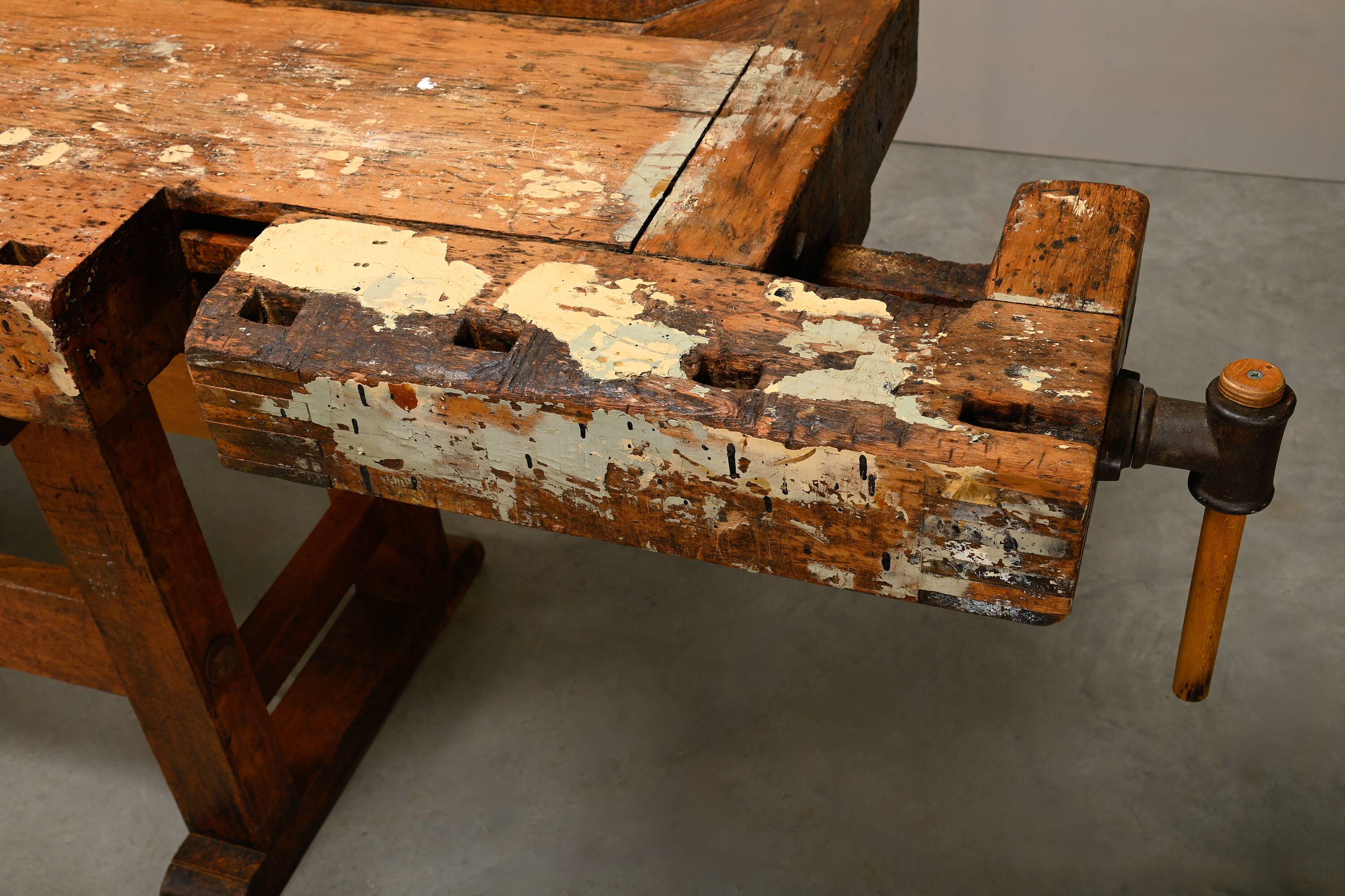 Vintage Wooden Industrial Rustic Carpenter’s Workbench with Two Vises