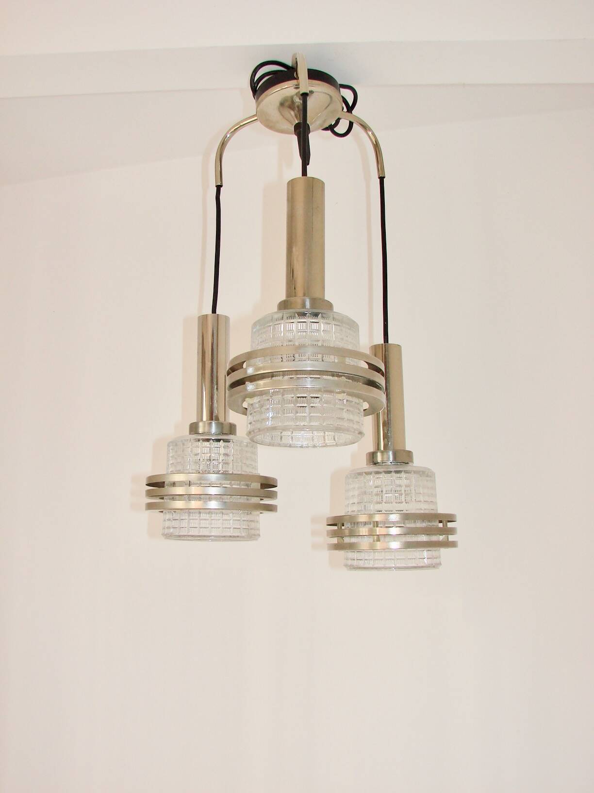 Modern pendant lamp, 1970s, metal and glass, 3xE27