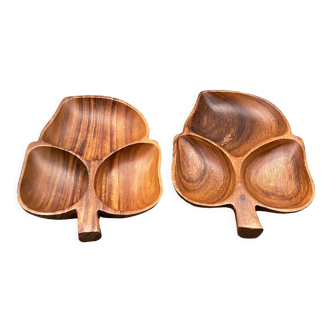 Two wooden aperitif trays Brutalist art 1970 Leaf shape