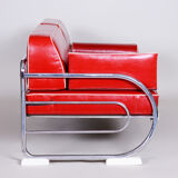 Cherry Red Leather Armchair made in 1930s by Slezak Factories - Restored