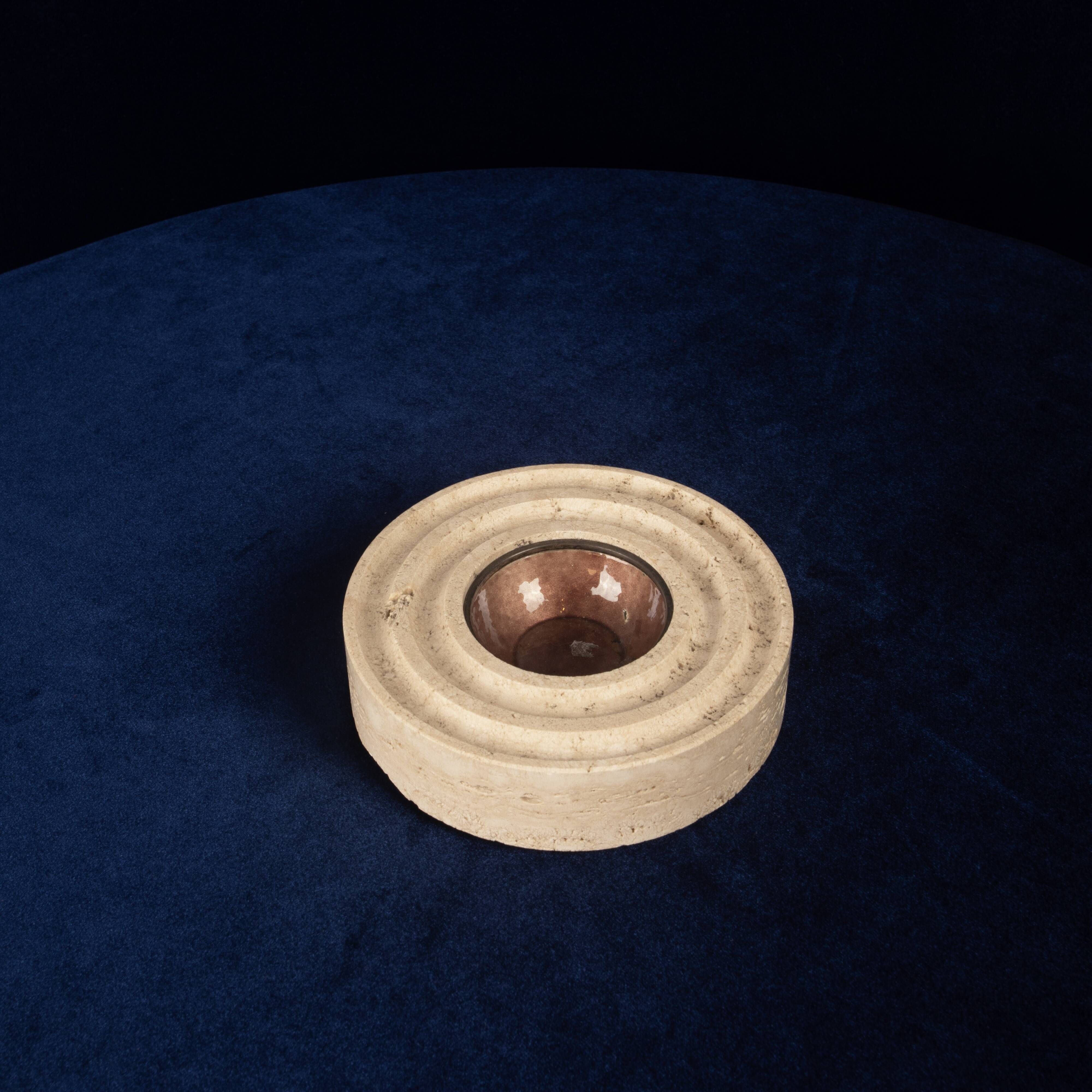 Italian Round Travertine and Copper-Toned Metal Ashtray, 1970