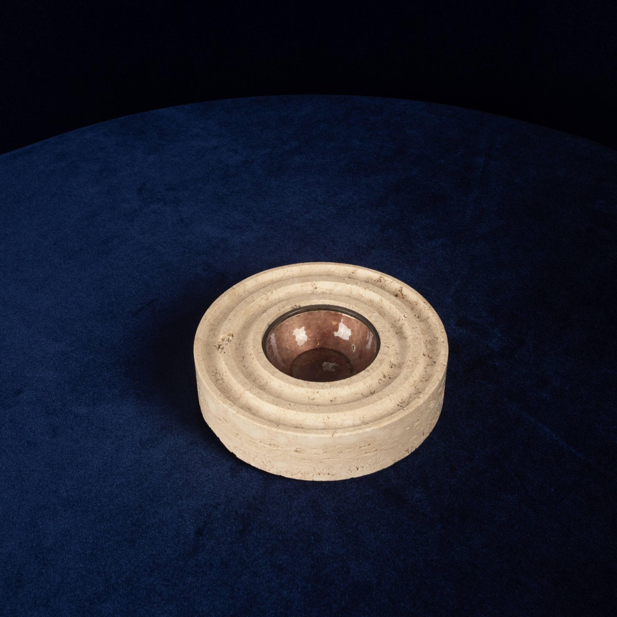 Italian Round Travertine and Copper-Toned Metal Ashtray, 1970