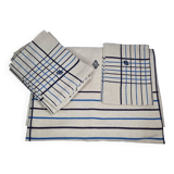 Vintage Table Set Damask Tablecloth and 8 Matching Embroidered Napkins, Blue and White Patterns