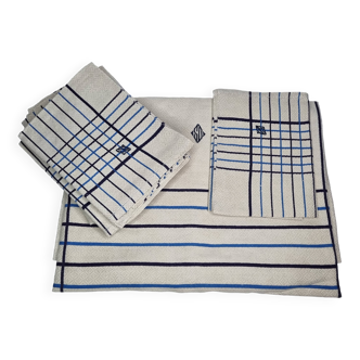 Ensemble de table vintage nappe damassée et 8 serviettes assorties brodées, motifs bleus et blancs