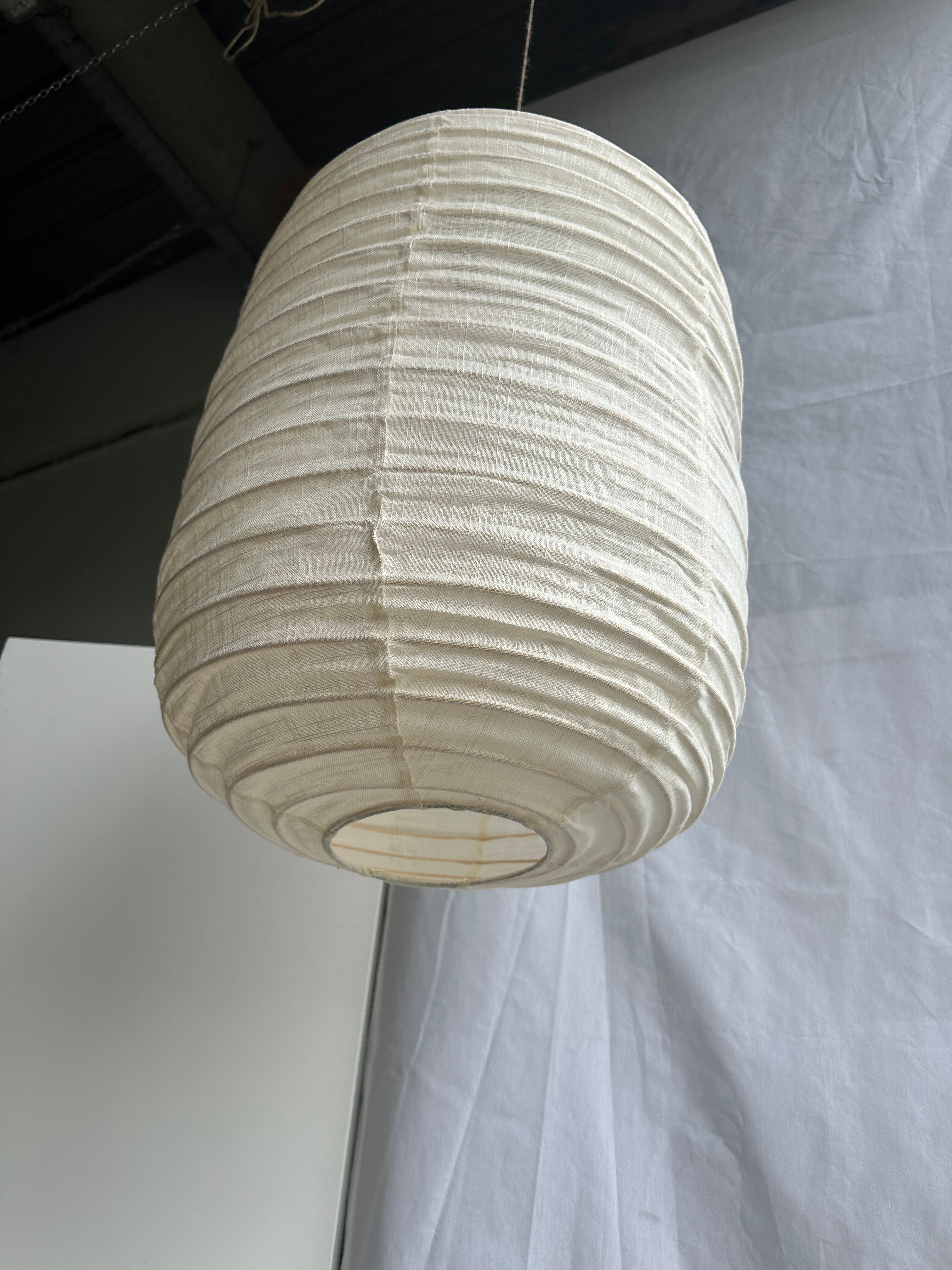 Suspension in rattan and natural japanese linen lantern shape h70 d50