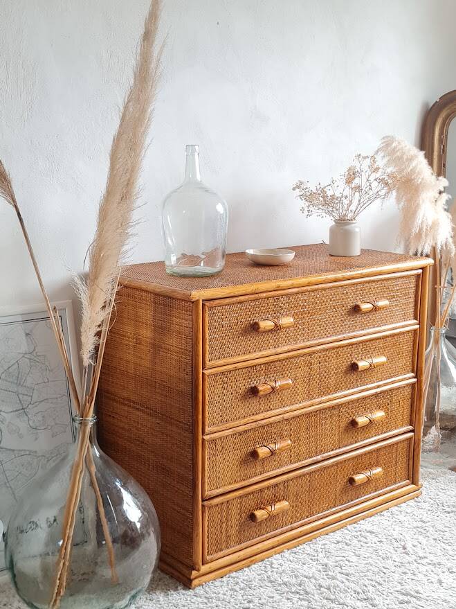 Vintage rattan chest of drawers circa 70s