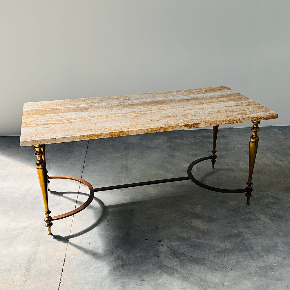 Elegant travertine coffee table with brass base, 1970s