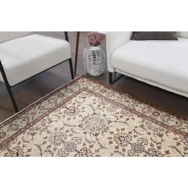 Vintage Turkish Hand-Knotted Wool Cotton Beige Area Rug 202x322
