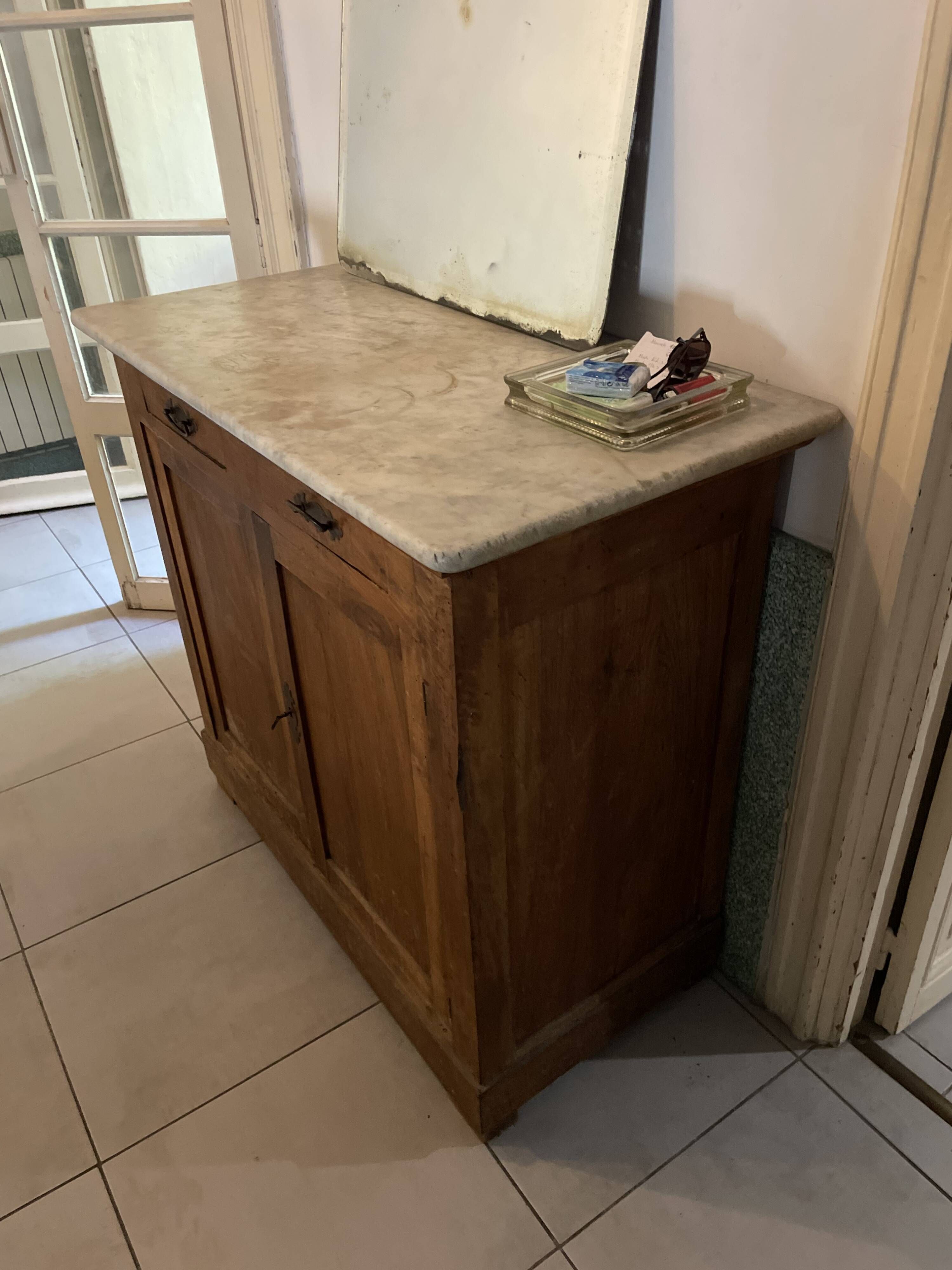 Antique sideboard chest of drawers in oak wood and marble top