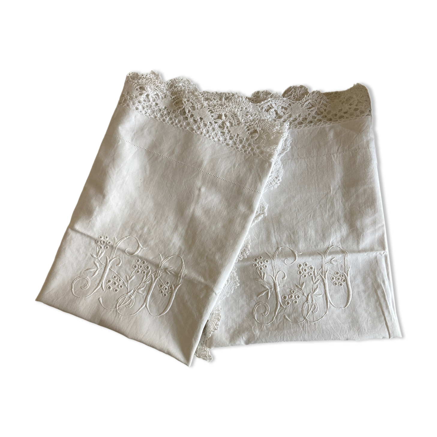 Pair of embroidered 19th linen linen pillowcases