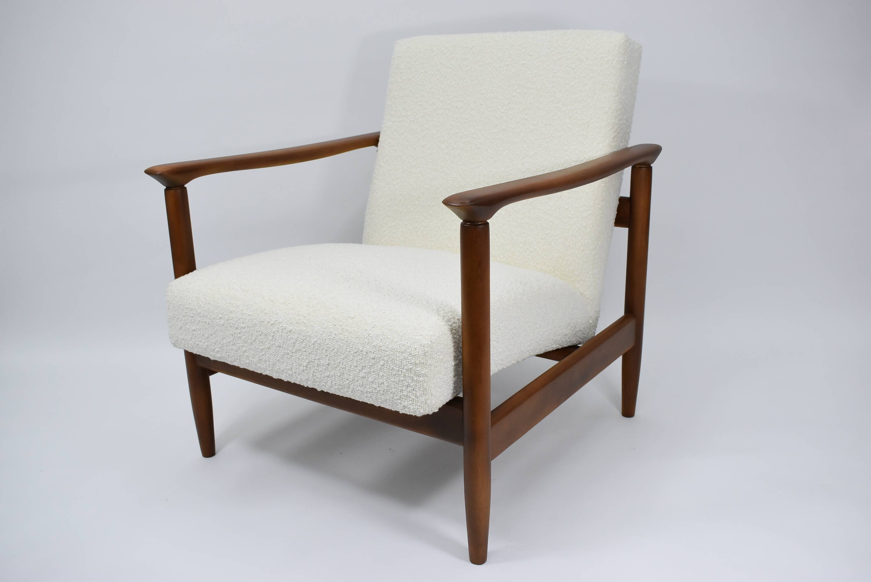Original vintage armchair, 1960s, designer E.Homma, restored, white bouclé