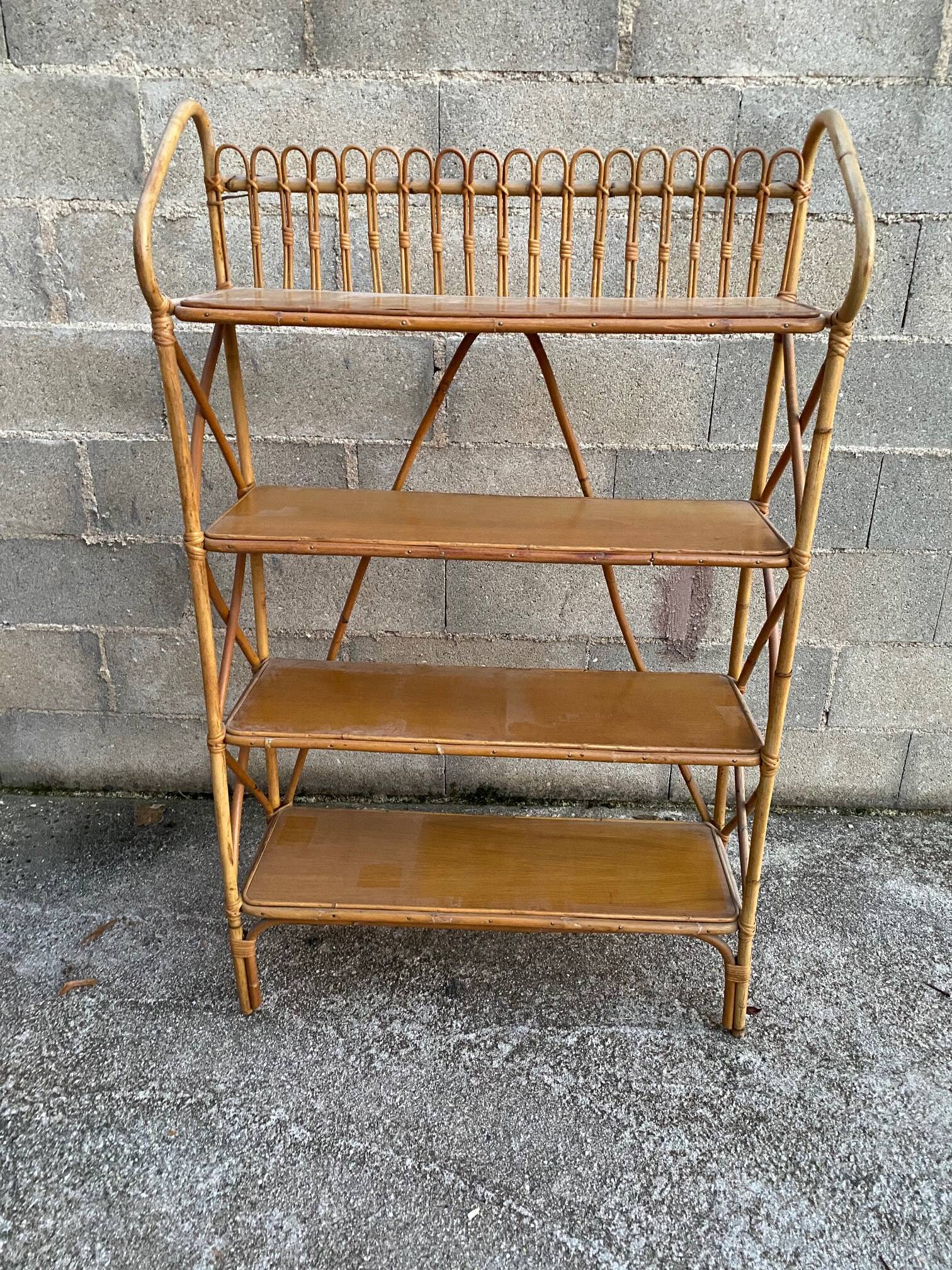 vintage rattan shelf on stand