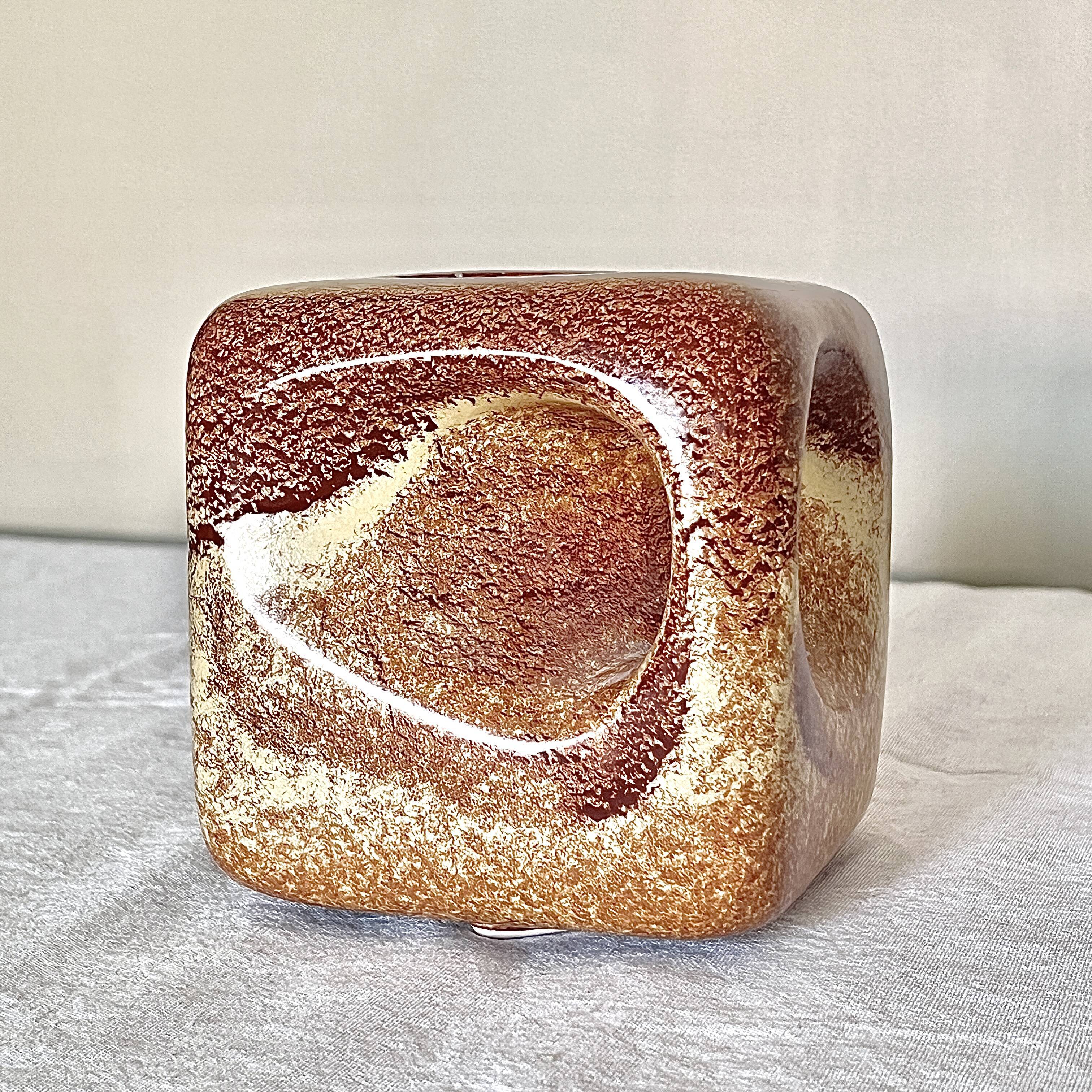Bertoncello ,,screziato tabacco" glaze, cube vase italian vintage mid century from the 1970's by rob