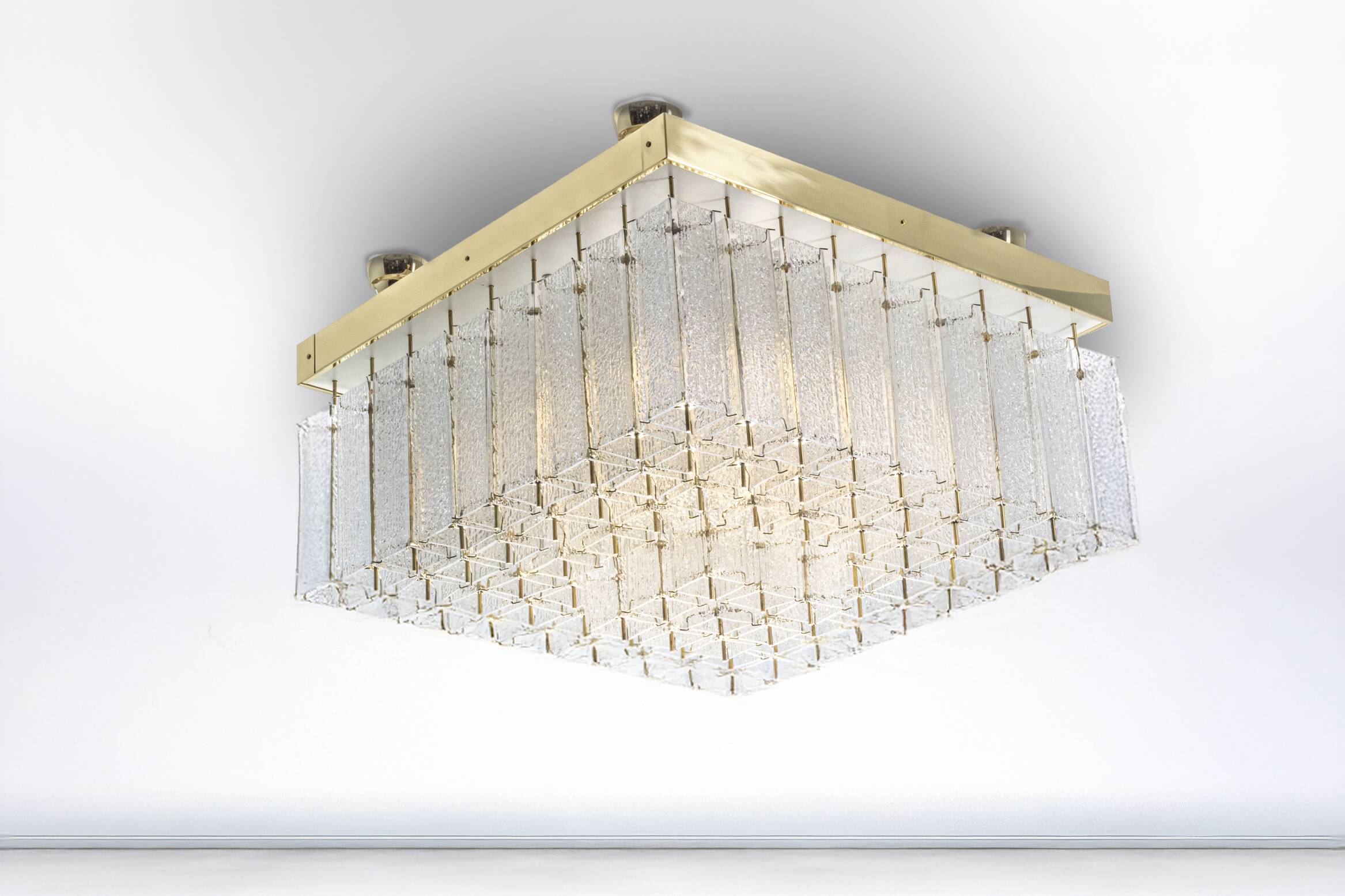 Bohemian flush-mount light in textured glass & brass, 1960s