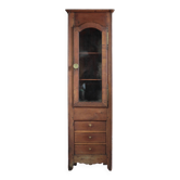 Old wooden column cabinet with glass doors and drawers, storage unit, display cabinet.